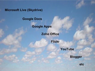 Google Docs Google Apps Zoho Office Flickr YouTube Blogger etc Microsoft Live (Skydrive) 