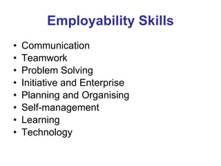 Employability Skills Communication  Teamwork  Problem Solving  Initiative and Enterprise  Planning and Organising  Self-management  Learning  Technology 