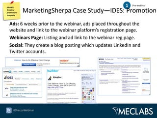 Idea #9:                                                1   Pre-webinar
Create a
promotions
template
             MarketingSherpa Case Study—IDES: Promotion
  Ads: 6 weeks prior to the webinar, ads placed throughout the
  website and link to the webinar platform’s registration page.
  Webinars Page: Listing and ad link to the webinar reg page.
  Social: They create a blog posting which updates LinkedIn and
  Twitter accounts.




      #SherpaWebinar
 