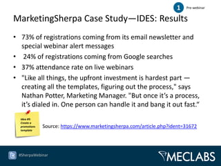 1   Pre-webinar


MarketingSherpa Case Study—IDES: Results
• 73% of registrations coming from its email newsletter and
  special webinar alert messages
• 24% of registrations coming from Google searches
• 37% attendance rate on live webinars
• "Like all things, the upfront investment is hardest part —
  creating all the templates, figuring out the process," says
  Nathan Potter, Marketing Manager. "But once it’s a process,
  it’s dialed in. One person can handle it and bang it out fast.“
  Idea #9:

               
  Create a
  promotions       Source: https://www.marketingsherpa.com/article.php?ident=31672
  template




 #SherpaWebinar
 