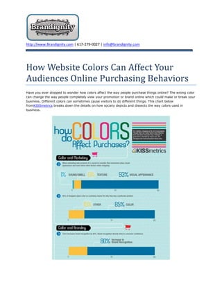 How Website Colors Can Affect Your Audiences Online Purchasing Behaviors<br />Have you ever stopped to wonder how colors affect the way people purchase things online? The wrong color can change the way people completely view your promotion or brand online which could make or break your business. Different colors can sometimes cause visitors to do different things. This chart below from KISSmetrics breaks down the details on how society depicts and dissects the way colors used in business.<br />A dissection of website colors:<br />Yellow: Optimistic and youthful<br />Red: Energetic & increases heart rate<br />Blue: Creates a sense of trust<br />Green: Associated with wealth<br />Orange: Aggressive & call to action<br />Pink: Romantic & feminine<br />Black: Powerful & sleek<br />Purple: Used to sooth & calm<br />
