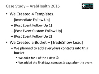 Case Study – ArabHealth 2015
• We Created 4 Templates
– [Immediate Follow Up]
– [Post Event Follow Up 1]
– [Post Event Custom Follow Up]
– [Post Event Follow Up 2]
• We Created a Bucket – [TradeShow Lead]
– We planned to add everydays contacts into this
bucket
• We did it for 3 of the 4 days 
• We added the final days contacts 3 days after the event
 