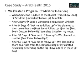 Case Study – ArabHealth 2015
• We Created a Program- [TradeShow Initiation]
– When Someone is added to the Bucket [TradeShow Lead]
 Send the [ImmediateFollowUp] Template
– After 2 Days  Send a Connection Request on LinkedIn
– After 9 Days  “Ask me to follow up” – We planned to
then use either the [Post Event Follow Up 1] or the [Post
Event Custom Follow Up] template based on my notes.
– After 39 Days  “Ask me to follow up” – We planned to
use the [Post Event Follow Up 2]
– After 60 Days  “Ask me to follow up”- We planned to
share an article from the company blog or my curated
news blog depending on the tag I have added in these 60
days
 