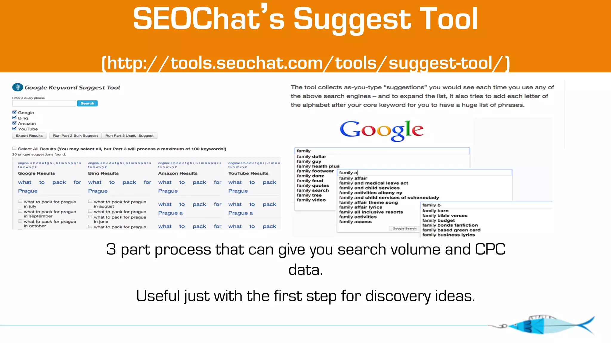 SEOChat’s Suggest Tool 
(http://tools.seochat.com/tools/suggest-tool/) 
3 part process that can give you search volume and CPC 
data. 
Useful just with the first step for discovery ideas. 
 
