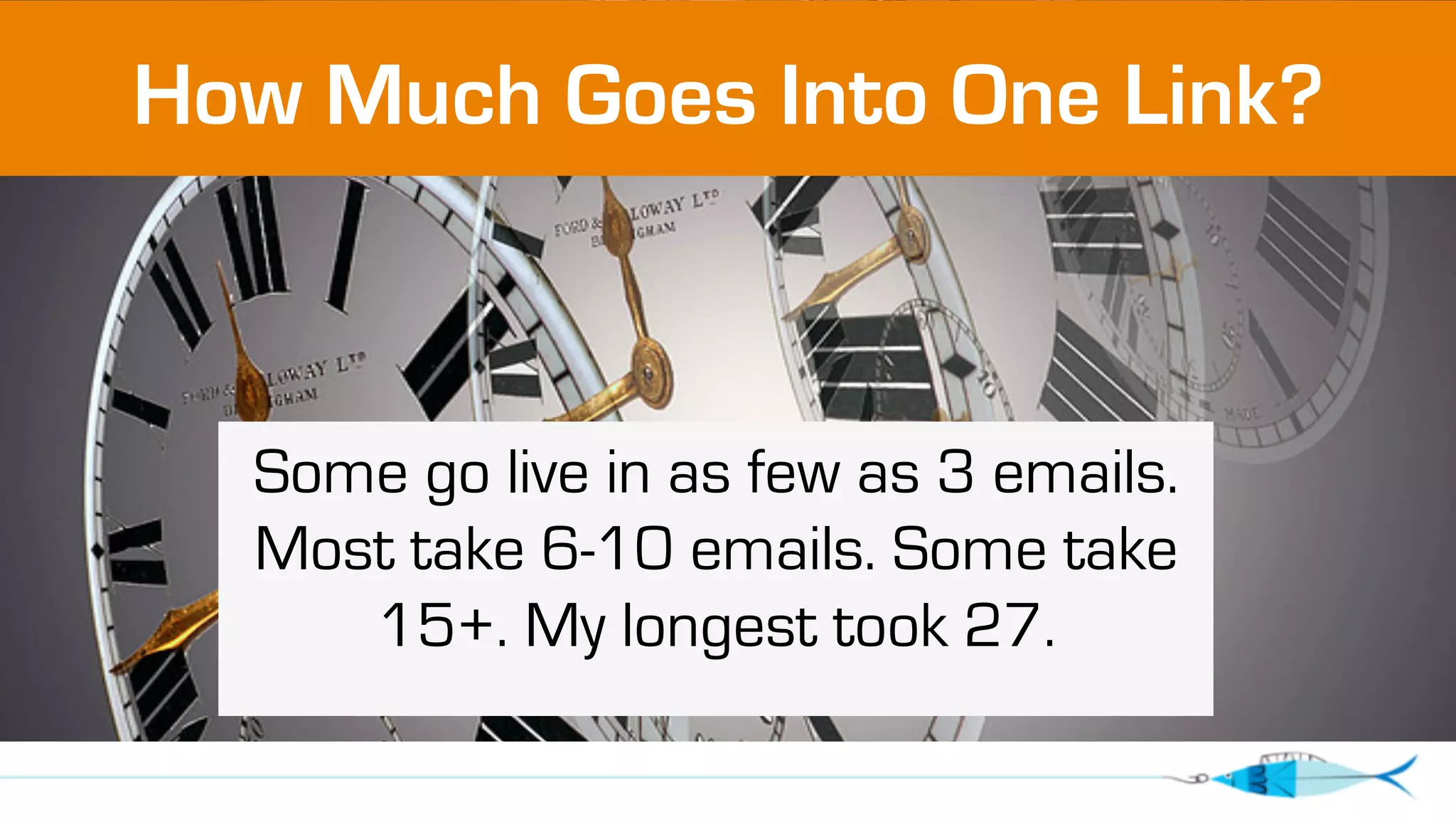 How Much Goes Into One Link? 
Some go live in as few as 3 emails. 
Most take 6-10 emails. Some take 
15+. My longest took 27. 
 