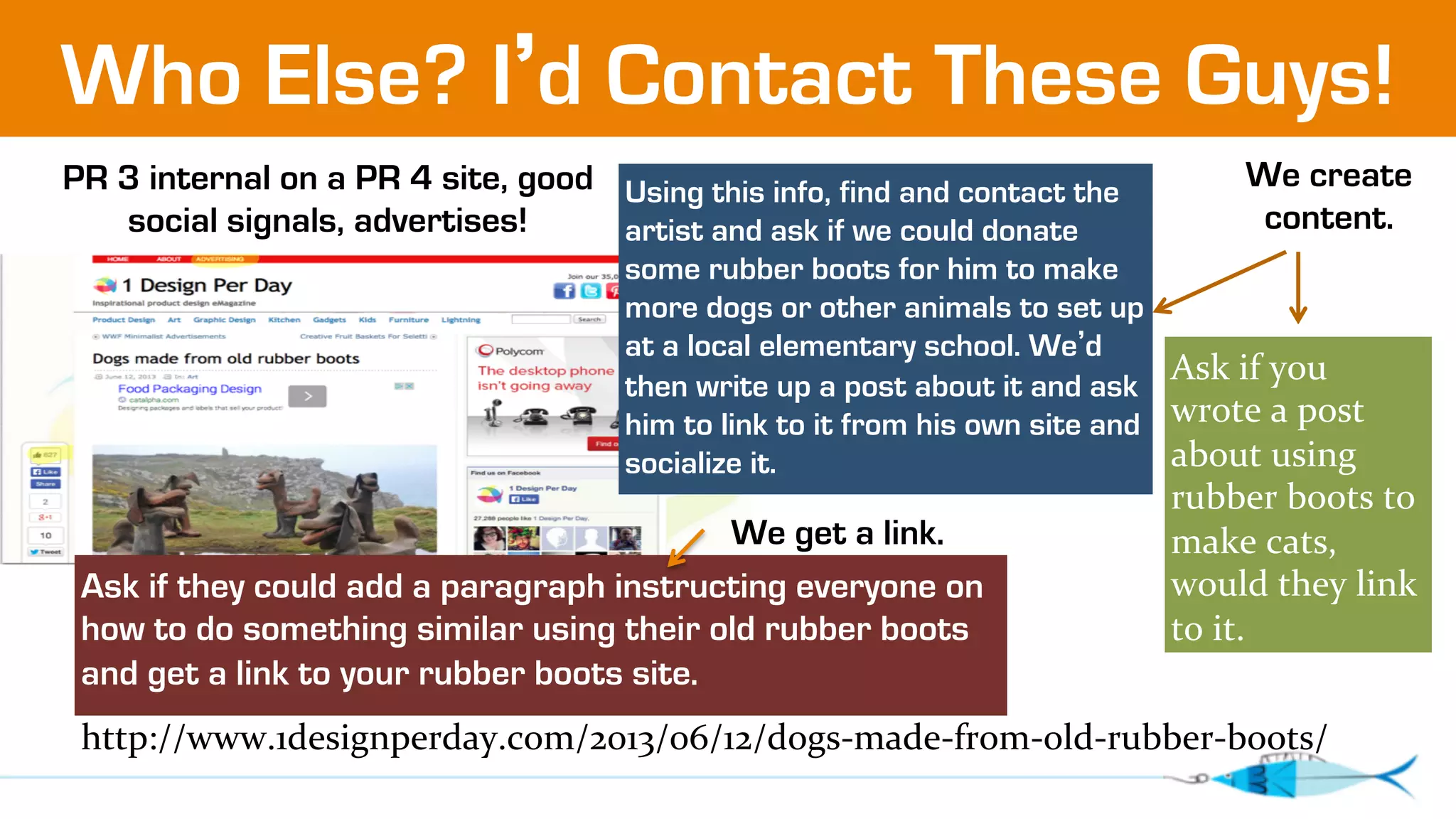 Who Else? I’d Contact These Guys! 
Using this info, find and contact the 
artist and ask if we could donate 
some rubber boots for him to make 
more dogs or other animals to set up 
at a local elementary school. We’d 
then write up a post about it and ask 
him to link to it from his own site and 
socialize it. 
PR 3 internal on a PR 4 site, good 
social signals, advertises! 
We get a link. 
Ask if they could add a paragraph instructing everyone on 
how to do something similar using their old rubber boots 
and get a link to your rubber boots site. 
We create 
content. 
Ask 
if 
you 
wrote 
a 
post 
about 
using 
rubber 
boots 
to 
make 
cats, 
would 
they 
link 
to 
it. 
http://www.1designperday.com/2013/06/12/dogs-­‐made-­‐from-­‐old-­‐rubber-­‐boots/ 
 