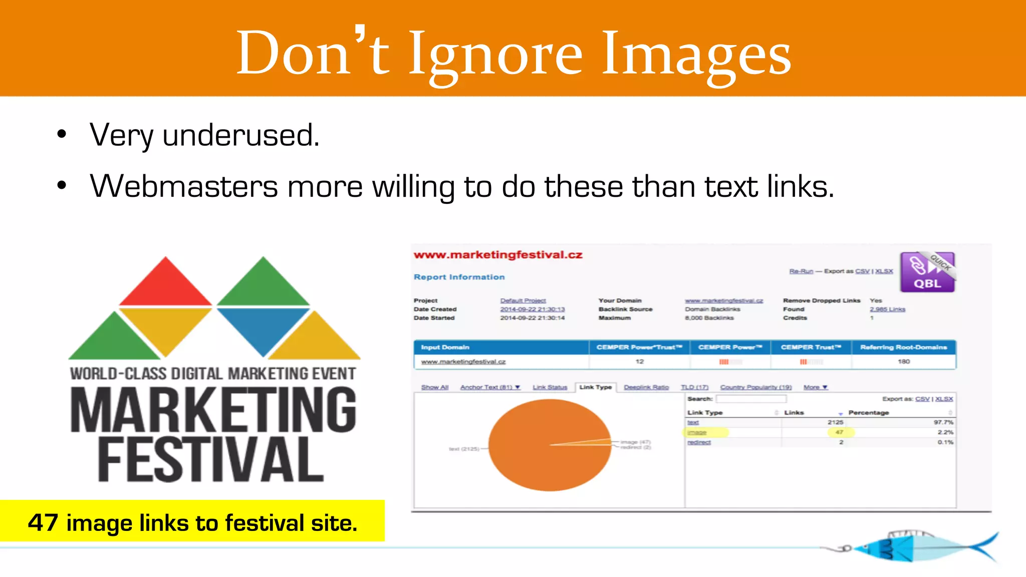 Don’t 
Ignore 
Images 
• Very underused. 
• Webmasters more willing to do these than text links. 
47 image links to festival site. 
 