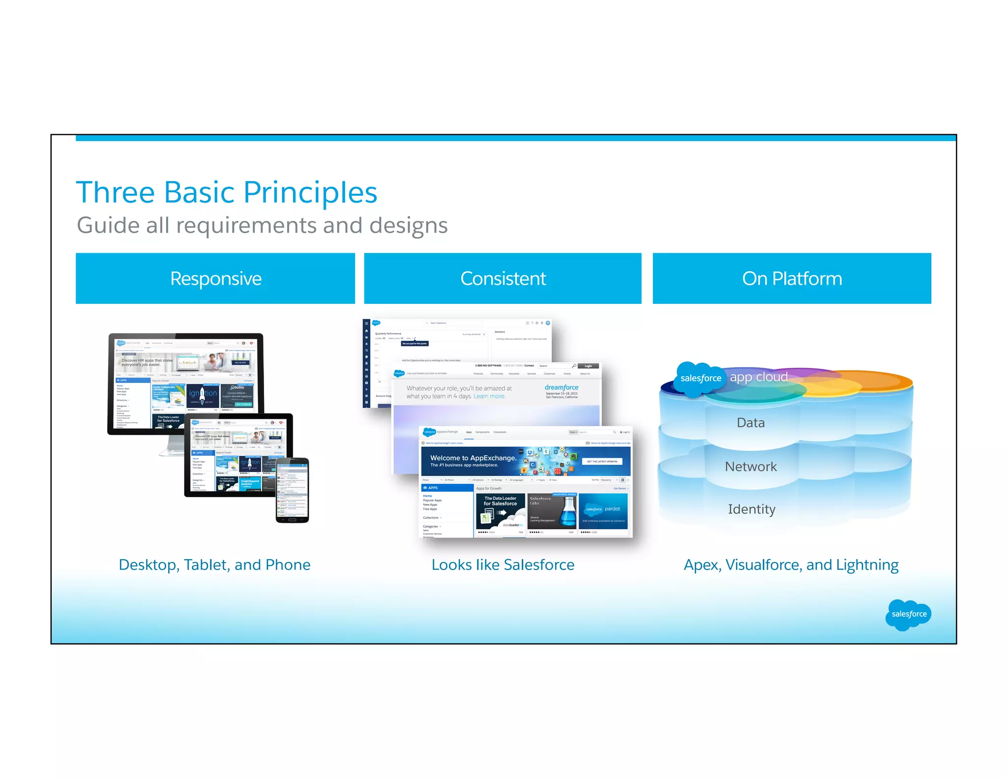 Responsive Consistent On Platform
Apex, Visualforce, and LightningDesktop, Tablet, and Phone Looks like Salesforce
Three Basic Principles
​ Guide all requirements and designs
​ 
Data
Network
Identity
 