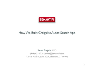How We Built Craigslist Autos Search App




                                 Shree Pragada, CEO
                     (914) 433-1776 | shree@semantifi.com
                 1266 E Main St, Suite 700R, Stamford, CT 06902


Shree Pragada, CEO Shree@semantifi.com 914-433-1776 Vishy Dasari, CTO Vishy@semantifi.com
                                                                                            1
                                      404.218.4145
 