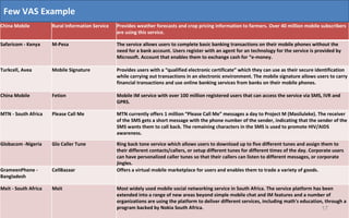 Few VAS Example China Mobile  Rural Information Service Provides weather forecasts and crop pricing information to farmers. Over 40 million mobile subscribers are using this service. Safaricom - Kenya  M-Pesa  The service allows users to complete basic banking transactions on their mobile phones without the need for a bank account. Users register with an agent for an technology for the service is provided by Microsoft. Account that enables them to exchange cash for “e-money. Turkcell, Avea  Mobile Signature Provides users with a “qualified electronic certificate” which they can use as their secure identification while carrying out transactions in an electronic environment. The mobile signature allows users to carry financial transactions and use online banking services from banks on their mobile phones. China Mobile  Fetion  Mobile IM service with over 100 million registered users that can access the service via SMS, IVR and GPRS. MTN - South Africa  Please Call Me  MTN currently offers 1 million “Please Call Me” messages a day to Project M (Masiluleke). The receiver of the SMS gets a short message with the phone number of the sender, indicating that the sender of the SMS wants them to call back. The remaining characters in the SMS is used to promote HIV/AIDS awareness. Globacom -Nigeria  Glo Caller Tune  Ring back tone service which allows users to download up to five different tunes and assign them to their different contacts/callers, or setup different tunes for different times of the day. Corporate users can have personalized caller tunes so that their callers can listen to different messages, or corporate jingles. GrameenPhone - Bangladesh  CellBazaar  Offers a virtual mobile marketplace for users and enables them to trade a variety of goods. Mxit - South Africa  Mxit  Most widely used mobile social networking service in South Africa. The service platform has been extended into a range of new areas beyond simple mobile chat and IM features and a number of organizations are using the platform to deliver different services, including math's education, through a program backed by Nokia South Africa. 