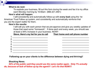What to do next: To explode your business, fill out this form during the week and fax it to my office  each Monday morning by 10:00am  (888.321.3461) Here’s what will happen : I will consistently and automatically follow-up with  every lead  using the 1st  American Trust Follow up system, and consistently and automatically reinforce that  you are the expert realtor for them.  Here’s the results: I will call you with each person that we pre-approve and give you weekly updates of  those that need some “homework”.  If done each and every week, you should see  at least a 94% increase in your business, NOW!! Steve, Here’s my list for you to call   Their home and cell phone number 1. ______________________________ _______________________ 2. ______________________________ _______________________ 3. ______________________________ _______________________ 4. ______________________________ _______________________ 5. ______________________________ _______________________ 6. ______________________________ _______________________ 7. ______________________________ _______________________ Following up on your clients is the difference between dying and thriving!! Shocking News: 82% of the public said they would use the same realtor again.  Only 7% actually  do, because of lack of follow up by the agent!!!  Let’s fix that NOW!!! 