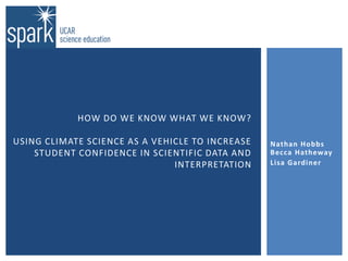 HOW DO WE KNOW WHAT WE KNOW?
USING CLIMATE SCIENCE AS A VEHICLE TO INCREASE
STUDENT CONFIDENCE IN SCIENTIFIC DATA AND
INTERPRETATION

Nathan Hobbs
Becca Hatheway
Lisa Gardiner

 