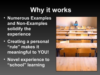 Numerous Examples and Non-Examples solidify the experience Creating a personal “rule” makes it meaningful to YOU! Novel experience to “school” learning Why it works