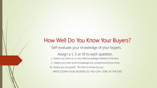 How Well Do You Know Your Buyers?
Self-evaluate your knowledge of your buyers.
Assign a 1, 5 or 10 to each question.
1- means you have no or very little knowledge related to the item.
5- means you have some knowledge but could/should know more
10- means you are good! This item is known by you.
WRITE DOWN YOUR ANSWERS SO YOU CAN TOTAL AT THE END
 