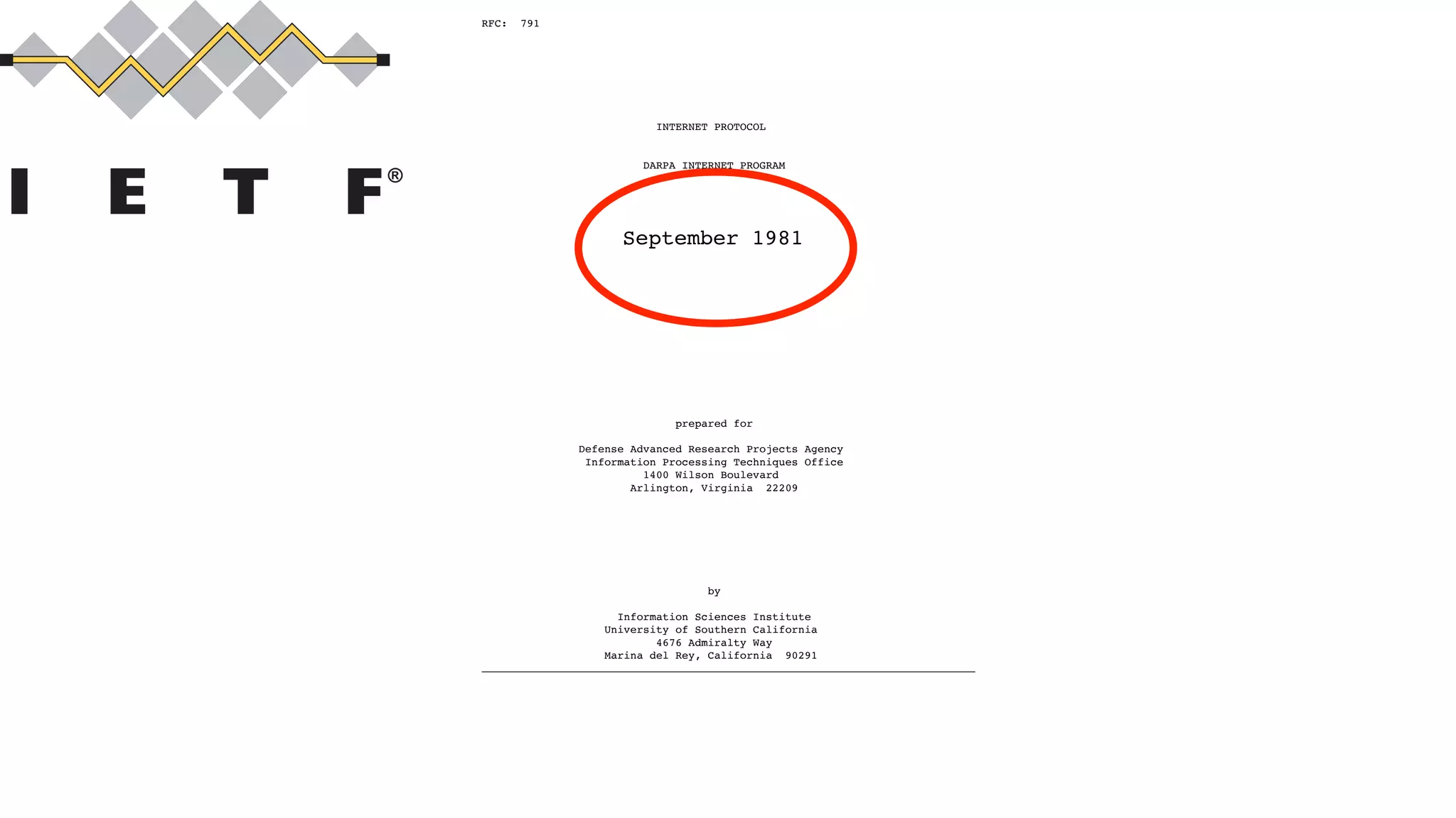 RFC: 791
INTERNET PROTOCOL
DARPA INTERNET PROGRAM
PROTOCOL SPECIFICATION
September 1981
prepared for
Defense Advanced Research Projects Agency
Information Processing Techniques Office
1400 Wilson Boulevard
Arlington, Virginia 22209
by
Information Sciences Institute
University of Southern California
4676 Admiralty Way
Marina del Rey, California 90291
INTERNET PROTOCOL
DARPA INTERNET PROGRAM
PROTOCOL SPECIFICATION
September 1981
prepared for
Defense Advanced Research Projects Agency
Information Processing Techniques Office
1400 Wilson Boulevard
Arlington, Virginia 22209
 