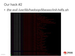 Our hack #2
• the evil /usr/lib/hadoop/libexec/init-hdfs.sh
6/19/2014 Confidential | Copyright 2013 TrendMicro Inc. 2
 