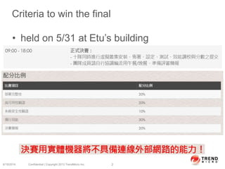 Criteria to win the final
• held on 5/31 at Etu’s building
6/19/2014 Confidential | Copyright 2013 TrendMicro Inc. 2
 