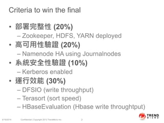 Criteria to win the final
• 部署完整性 (20%)
– Zookeeper, HDFS, YARN deployed
• 高可用性驗證 (20%)
– Namenode HA using Journalnodes
• 系統安全性驗證 (10%)
– Kerberos enabled
• 運行效能 (30%)
– DFSIO (write throughput)
– Terasort (sort speed)
– HBaseEvaluation (Hbase write throughtput)
6/19/2014 Confidential | Copyright 2013 TrendMicro Inc. 2
 