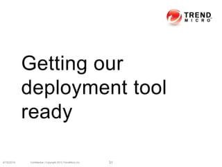 Getting our
deployment tool
ready
6/19/2014 Confidential | Copyright 2013 TrendMicro Inc. 31
 