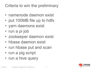 Criteria to win the preliminary
• namenode daemon exist
• put 100MB file up to hdfs
• yarn daemons exist
• run a pi job
• zookeeper daemon exist
• hbase daemon exist
• run hbase put and scan
• run a pig script
• run a hive query
6/19/2014 Confidential | Copyright 2013 TrendMicro Inc. 2
 