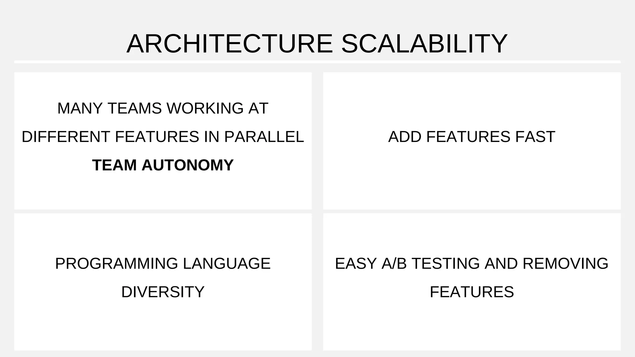ARCHITECTURE SCALABILITY
MANY TEAMS WORKING AT
DIFFERENT FEATURES IN PARALLEL
TEAM AUTONOMY
ADD FEATURES FAST
PROGRAMMING LANGUAGE
DIVERSITY
EASY A/B TESTING AND REMOVING
FEATURES
 