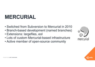 COPYRIGHT 2015 @ UNITY TECHNOLOGIES
MERCURIAL
• Switched from Subversion to Mercurial in 2010
• Branch-based development (...