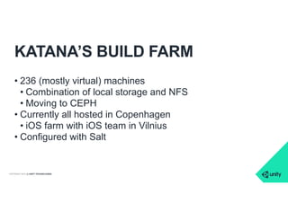 COPYRIGHT 2015 @ UNITY TECHNOLOGIES
KATANA’S BUILD FARM
• 236 (mostly virtual) machines
• Combination of local storage and...