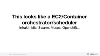 © 2018 InfluxData. All rights reserved.11
This looks like a EC2/Container
orchestrator/scheduler
Infrakit, k8s, Swarm, Mesos, Openshift...
 