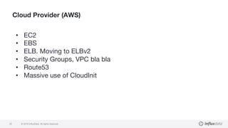 © 2018 InfluxData. All rights reserved.20
Cloud Provider (AWS)
• EC2
• EBS
• ELB. Moving to ELBv2
• Security Groups, VPC bla bla
• Route53
• Massive use of CloudInit
 