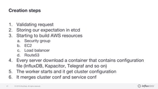 © 2018 InfluxData. All rights reserved.21
Creation steps
1. Validating request
2. Storing our expectation in etcd
3. Starting to build AWS resources
a. Security group
b. EC2
c. Load balancer
d. Route53
4. Every server download a container that contains configuration
file (InfluxDB, Kapacitor, Telegraf and so on)
5. The worker starts and it get cluster configuration
6. It merges cluster conf and service conf
 