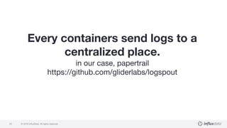 © 2018 InfluxData. All rights reserved.24
Every containers send logs to a
centralized place.
in our case, papertrail
https://github.com/gliderlabs/logspout
 