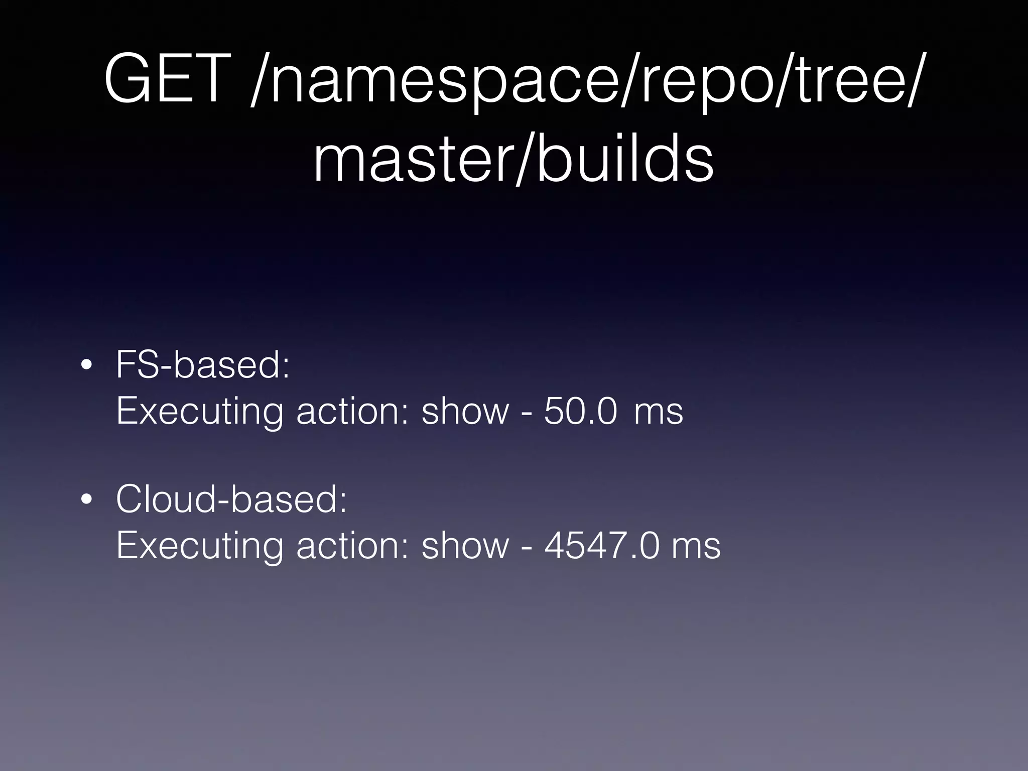 GET /namespace/repo/tree/
master/builds
• FS-based: 
Executing action: show - 50.0 ms
• Cloud-based: 
Executing action: show - 4547.0 ms
 