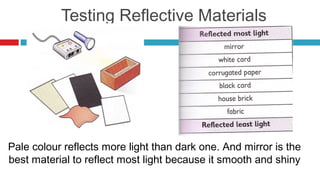 Testing Reflective Materials




Pale colour reflects more light than dark one. And mirror is the
best material to reflect most light because it smooth and shiny
 