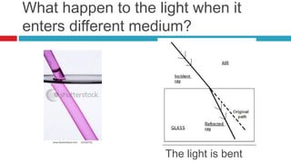 What happen to the light when it
enters different medium?




                    The light is bent
 