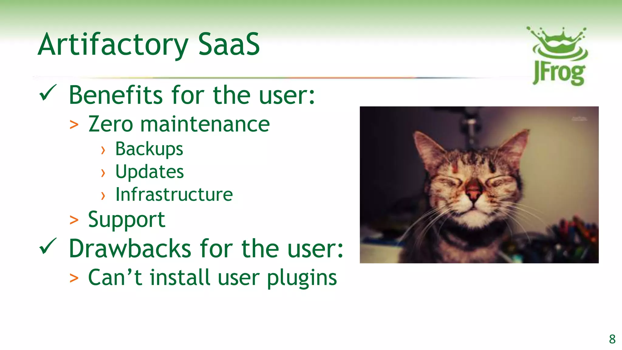 Artifactory SaaS
 Benefits for the user:
  > Zero maintenance
     › Backups
     › Updates
     › Infrastructure
  > Support
 Drawbacks for the user:
  > Can‟t install user plugins

                                 8
 