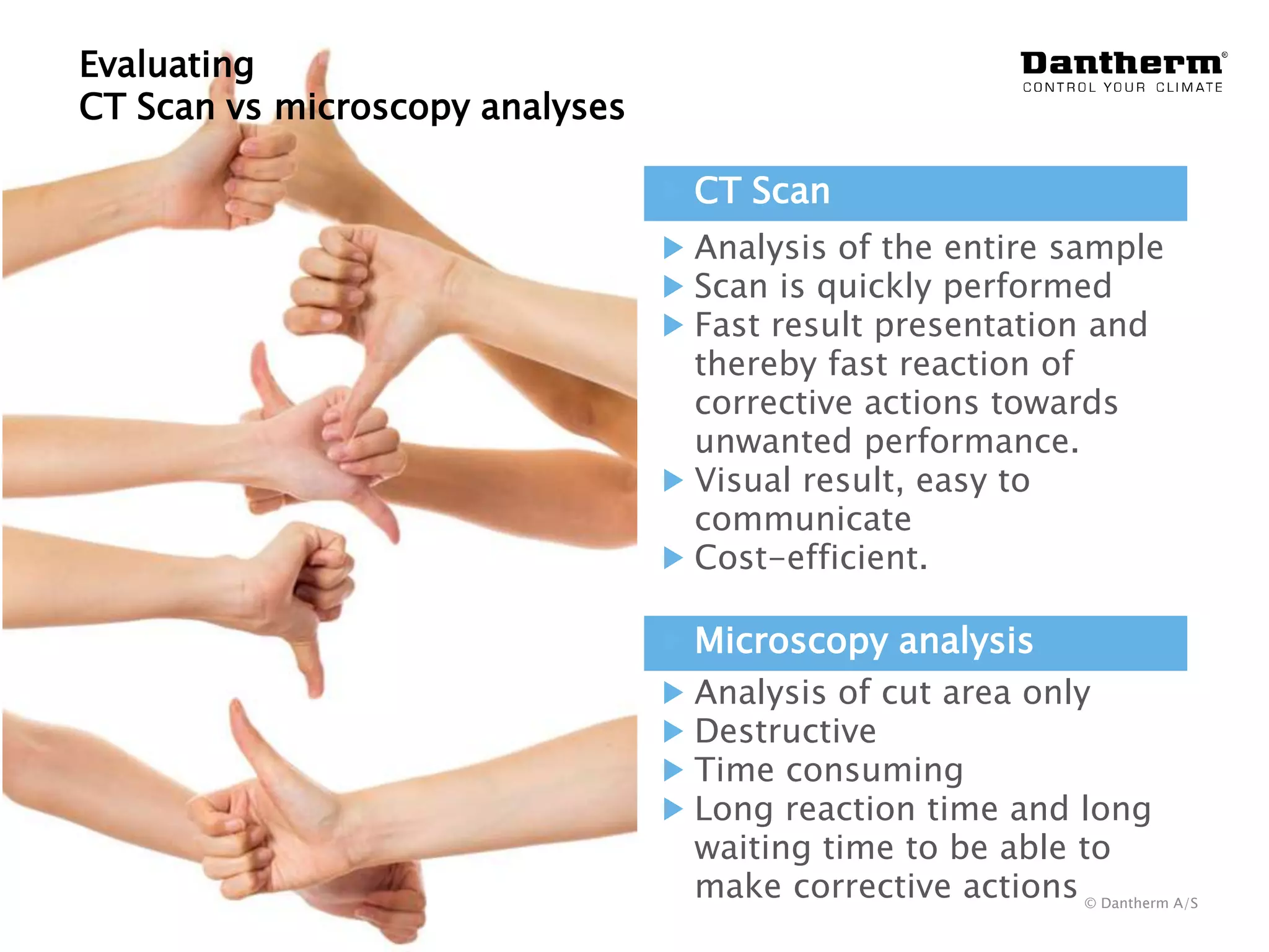 © Dantherm A/S
Analysis of the entire sample
Scan is quickly performed
Fast result presentation and
thereby fast reaction of
corrective actions towards
unwanted performance.
Visual result, easy to
communicate
Cost-efficient.
Analysis of cut area only
Destructive
Time consuming
Long reaction time and long
waiting time to be able to
make corrective actions
CT Scan
Microscopy analysis
Evaluating
CT Scan vs microscopy analyses
 