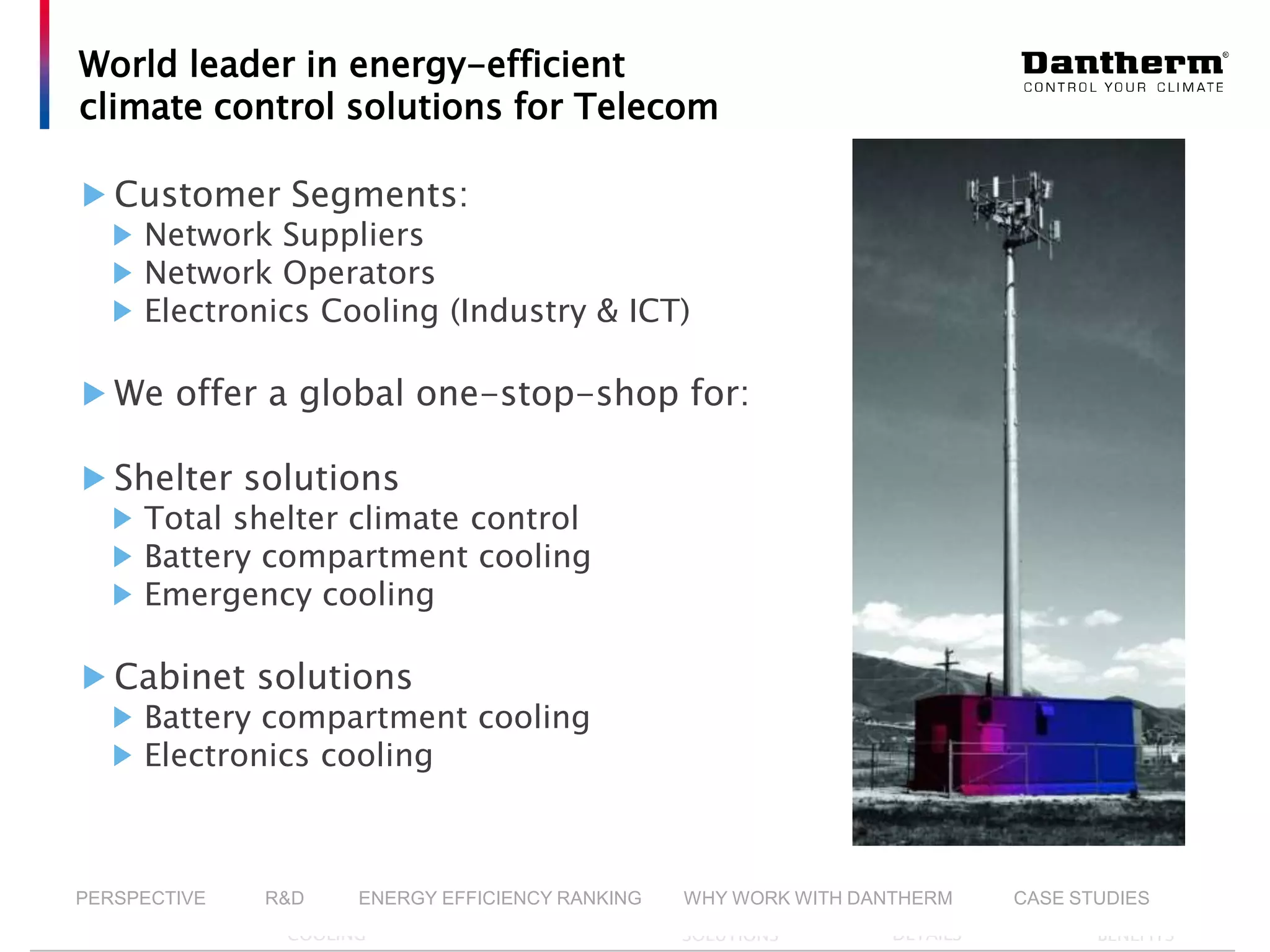 © Dantherm A/S
World leader in energy-efficient
climate control solutions for Telecom
Customer Segments:
Network Suppliers
Network Operators
Electronics Cooling (Industry & ICT)
We offer a global one-stop-shop for:
Shelter solutions
Total shelter climate control
Battery compartment cooling
Emergency cooling
Cabinet solutions
Battery compartment cooling
Electronics cooling
▶ INTRO ▶ DANTHERM
COOLING
▶ PRODUCTS ▶ VALUE ADDING
SOLUTIONS
▶ COMPANY
DETAILS
▶ YOUR
BENEFITS
PERSPECTIVE R&D ENERGY EFFICIENCY RANKING WHY WORK WITH DANTHERM CASE STUDIES
 