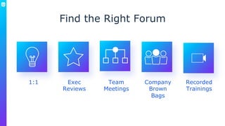 Find the Right Forum
Company
Brown
Bags
Exec
Reviews
1:1 Team
Meetings
Recorded
Trainings
 