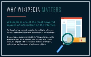 WHY WIKIPEDIA MATTERS
Wikipedia is one of the most powerful
sources of information on the Internet.
As Google's top-ranked website, its ability to inﬂuence
public knowledge and shape reputations is unparalleled.
Created as an experiment in 2001, Wikipedia is now the
world's largest encyclopedia, and nothing else comes
close. Its English edition includes millions of articles,
maintained by thousands of volunteer editors.
 