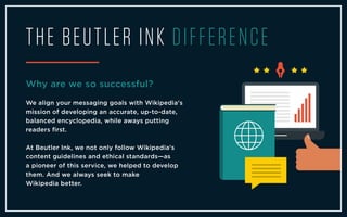 THE BEUTLER INK DIFFERENCE
Why are we so successful?
We align your messaging goals with Wikipedia's
mission of developing an accurate, up-to-date,
balanced encyclopedia, while aways putting
readers ﬁrst.
At Beutler Ink, we not only follow Wikipedia's
content guidelines and ethical standards—as
a pioneer of this service, we helped to develop
them. And we always seek to make
Wikipedia better.
 