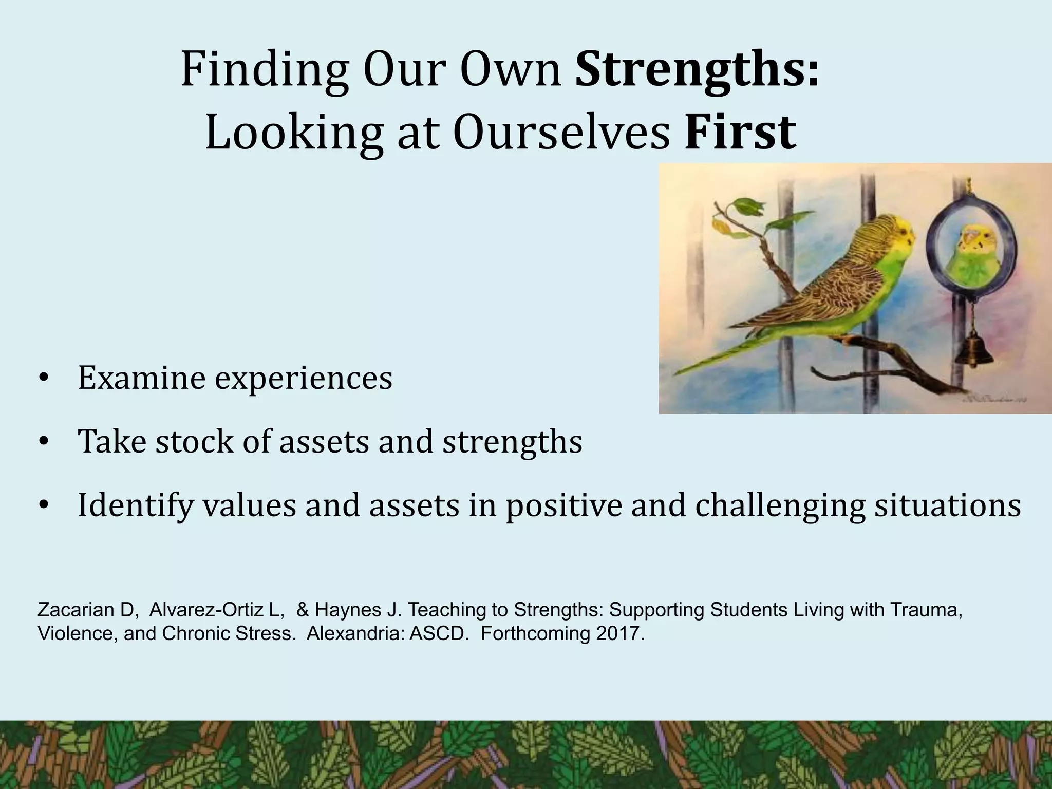 Finding Our Own Strengths:
Looking at Ourselves First
• Examine experiences
• Take stock of assets and strengths
• Identify values and assets in positive and challenging situations
Zacarian D, Alvarez-Ortiz L, & Haynes J. Teaching to Strengths: Supporting Students Living with Trauma,
Violence, and Chronic Stress. Alexandria: ASCD. Forthcoming 2017.
 