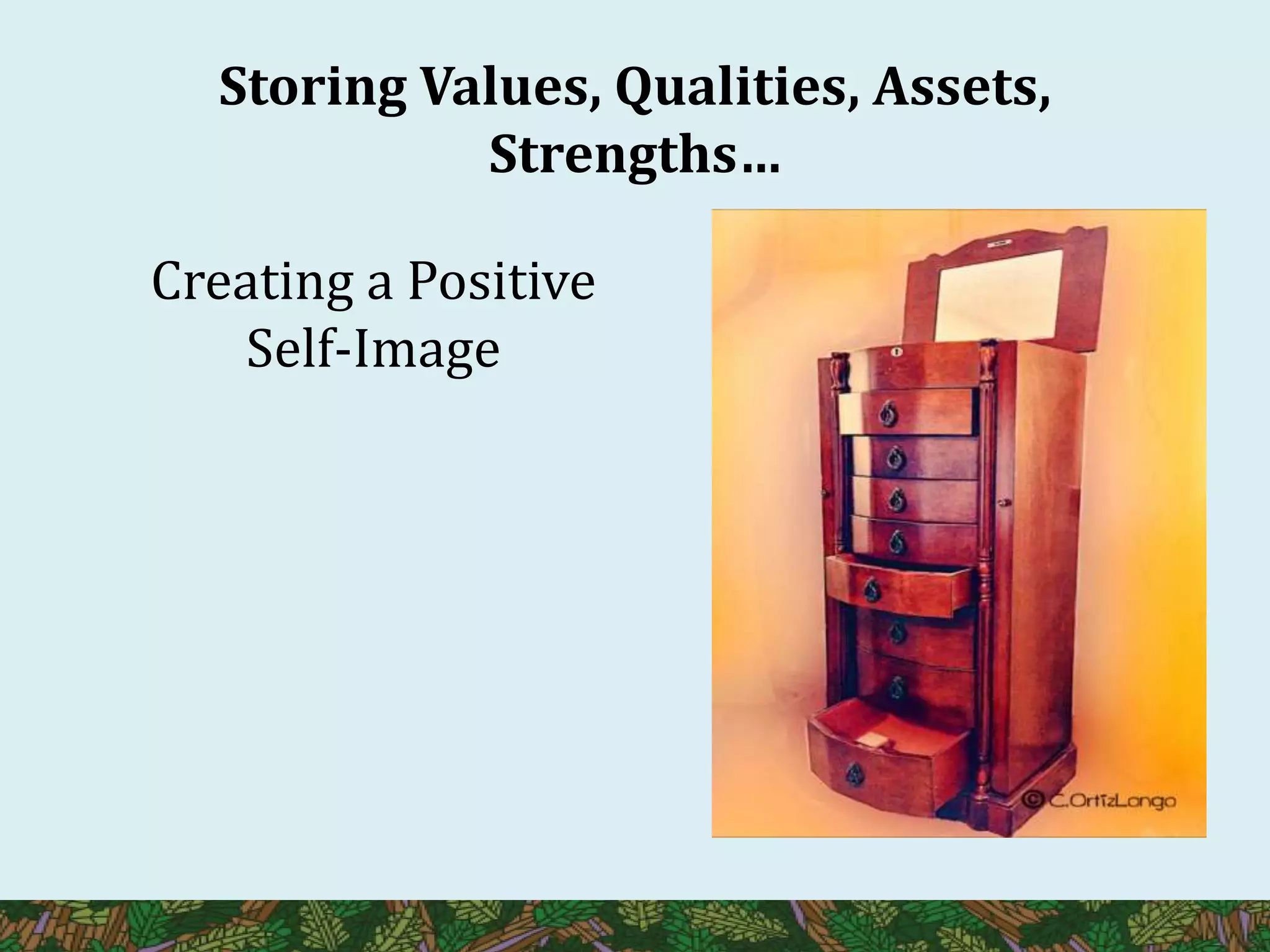 Storing Values, Qualities, Assets,
Strengths…
Creating a Positive
Self-Image
 