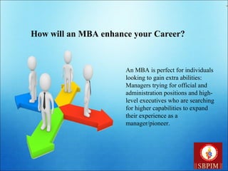 How will an MBA enhance your Career?
An MBA is perfect for individuals
looking to gain extra abilities:
Managers trying for official and
administration positions and high-
level executives who are searching
for higher capabilities to expand
their experience as a
manager/pioneer.
 