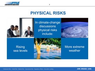 Enterprise Risk · Credit Risk · Market Risk · Operational Risk · Regulatory Affairs · Securities Lending
4
JOIN. ENGAGE. LEAD.
Rising
sea levels
In climate-change
discussions
physical risks
include:
More extreme
weather
PHYSICAL RISKS
 