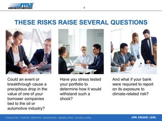 Enterprise Risk · Credit Risk · Market Risk · Operational Risk · Regulatory Affairs · Securities Lending
6
JOIN. ENGAGE. LEAD.
THESE RISKS RAISE SEVERAL QUESTIONS
Could an event or
breakthrough cause a
precipitous drop in the
value of one of your
borrower companies
tied to the oil or
automotive industry?
Have you stress tested
your portfolio to
determine how it would
withstand such a
shock?
And what if your bank
were required to report
on its exposure to
climate-related risk?
 