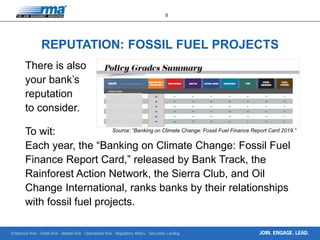 Enterprise Risk · Credit Risk · Market Risk · Operational Risk · Regulatory Affairs · Securities Lending
9
JOIN. ENGAGE. LEAD.
REPUTATION: FOSSIL FUEL PROJECTS
There is also
your bank’s
reputation
to consider.
To wit:
Each year, the “Banking on Climate Change: Fossil Fuel
Finance Report Card,” released by Bank Track, the
Rainforest Action Network, the Sierra Club, and Oil
Change International, ranks banks by their relationships
with fossil fuel projects.
Source: “Banking on Climate Change: Fossil Fuel Finance Report Card 2019.”
 