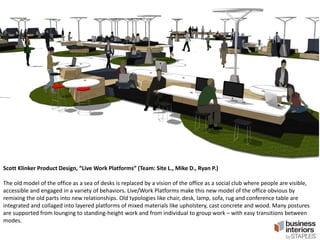 Scott Klinker Product Design, “Live Work Platforms” (Team: Site L., Mike D., Ryan P.)
The old model of the office as a sea of desks is replaced by a vision of the office as a social club where people are visible,
accessible and engaged in a variety of behaviors. Live/Work Platforms make this new model of the office obvious by
remixing the old parts into new relationships. Old typologies like chair, desk, lamp, sofa, rug and conference table are
integrated and collaged into layered platforms of mixed materials like upholstery, cast concrete and wood. Many postures
are supported from lounging to standing-height work and from individual to group work – with easy transitions between
modes.

 