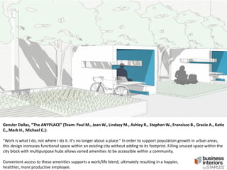 Gensler Dallas, “The ANYPLACE” (Team: Paul M., Jean W., Lindsey M., Ashley R., Stephen W., Francisco B., Gracie A., Katie
C., Mark H., Michael C.):
"Work is what I do, not where I do it. It's no longer about a place.” In order to support population growth in urban areas,
this design increases functional space within an existing city without adding to its footprint. Filling unused space within the
city block with multipurpose hubs allows varied amenities to be accessible within a community.
Convenient access to these amenities supports a work/life blend, ultimately resulting in a happier,
healthier, more productive employee.

 
