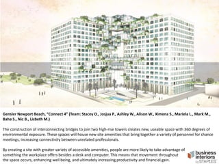 Gensler Newport Beach, “Connect 4” (Team: Stacey O., Josjua P., Ashley W., Alison W., Ximena S., Mariela L., Mark M.,
Baha S., Nic B., Lisbeth M.)
The construction of interconnecting bridges to join two high-rise towers creates new, useable space with 360 degrees of
environmental exposure. These spaces will house new site amenities that bring together a variety of personnel for chance
meetings, increasing connectivity between unrelated professionals.
By creating a site with greater variety of accessible amenities, people are more likely to take advantage of
something the workplace offers besides a desk and computer. This means that movement throughout
the space occurs, enhancing well being, and ultimately increasing productivity and financial gain.

 