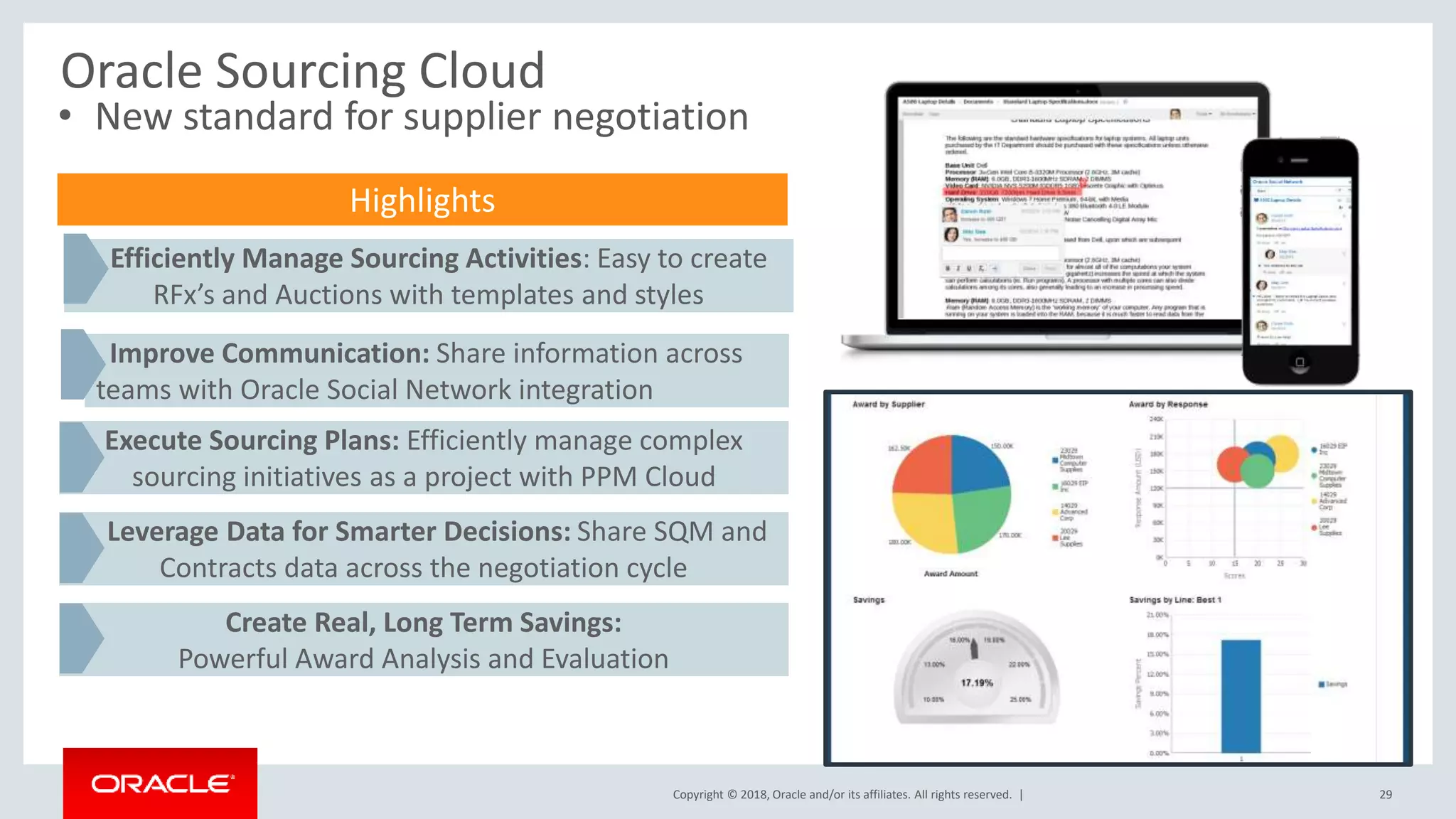 Copyright © 2018, Oracle and/or its affiliates. All rights reserved. |
Oracle Sourcing Cloud
29
Highlights
Efficiently Manage Sourcing Activities: Easy to create
RFx’s and Auctions with templates and styles
Improve Communication: Share information across
teams with Oracle Social Network integration
Execute Sourcing Plans: Efficiently manage complex
sourcing initiatives as a project with PPM Cloud
Leverage Data for Smarter Decisions: Share SQM and
Contracts data across the negotiation cycle
Create Real, Long Term Savings:
Powerful Award Analysis and Evaluation
• New standard for supplier negotiation
 